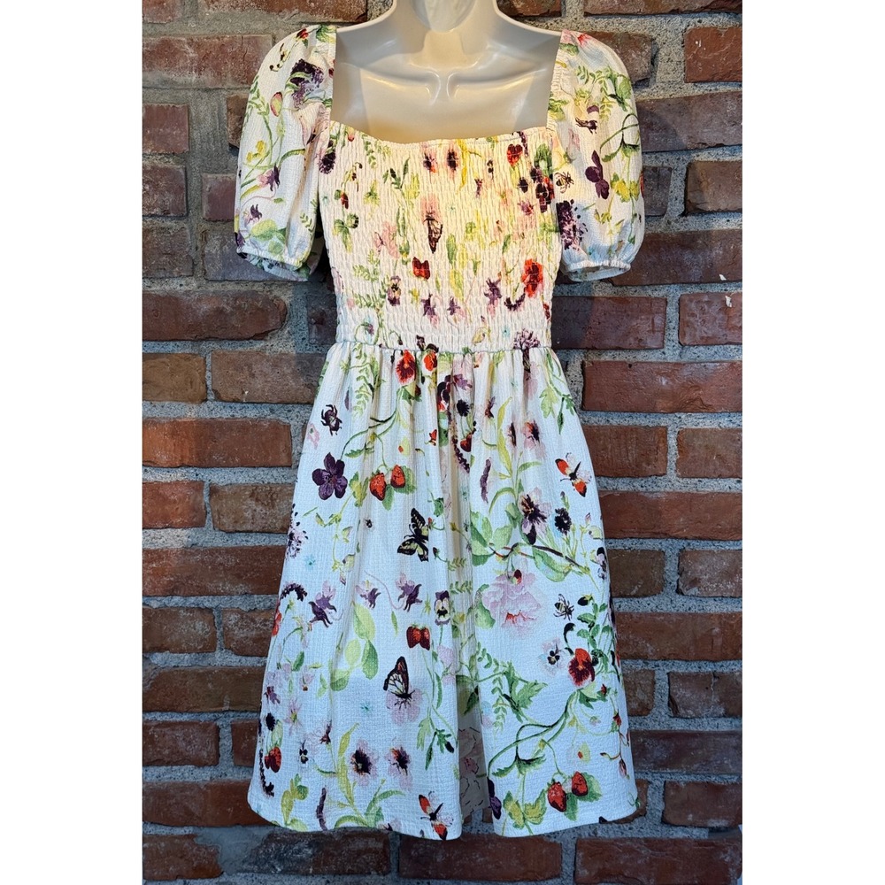 Floral Butterfly Smocked Puff Sleeve Mini Dress White Small - Picture 5 of 7